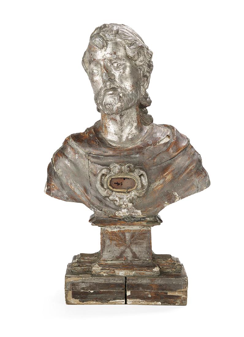 Silver Gilt Bust of Blessed Franco of Siena: Silver Gilt Reliquary Bust of Blessed Franco of Siena fourth quarter 17th century, Italian, the base supporting a plinth with incised and crossed palm fronds, the bust dressed in classical draping ins