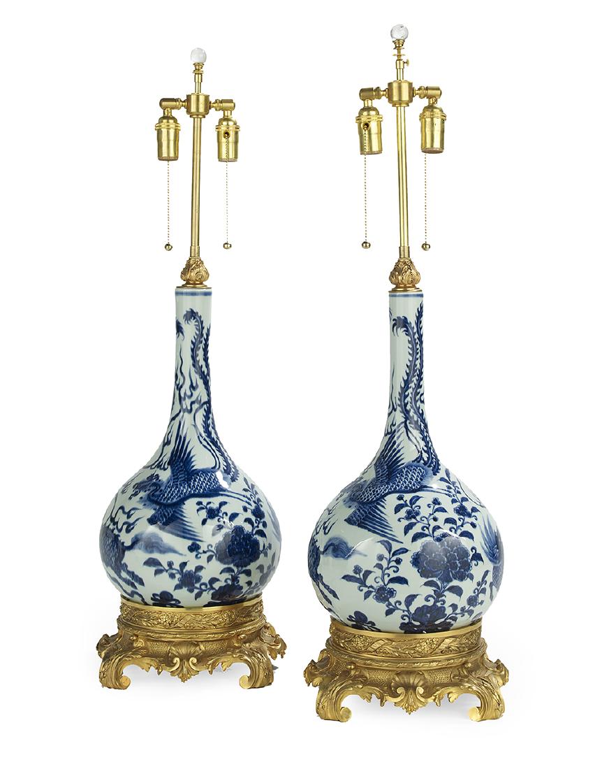 Pair of Chinese Blue and White Bottle Vases/Lamps (1 of 1)