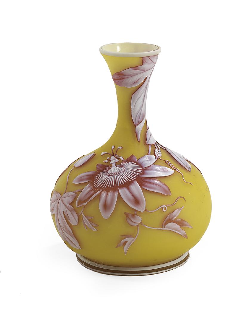 English Art Nouveau Cameo Glass Vase: English Art Nouveau Cameo Glass Vase fourth quarter 19th century, probably Thomas Webb, decorated with white and crimson passion flowers and leaves on a yellow ground. h. 6", dia. 4"