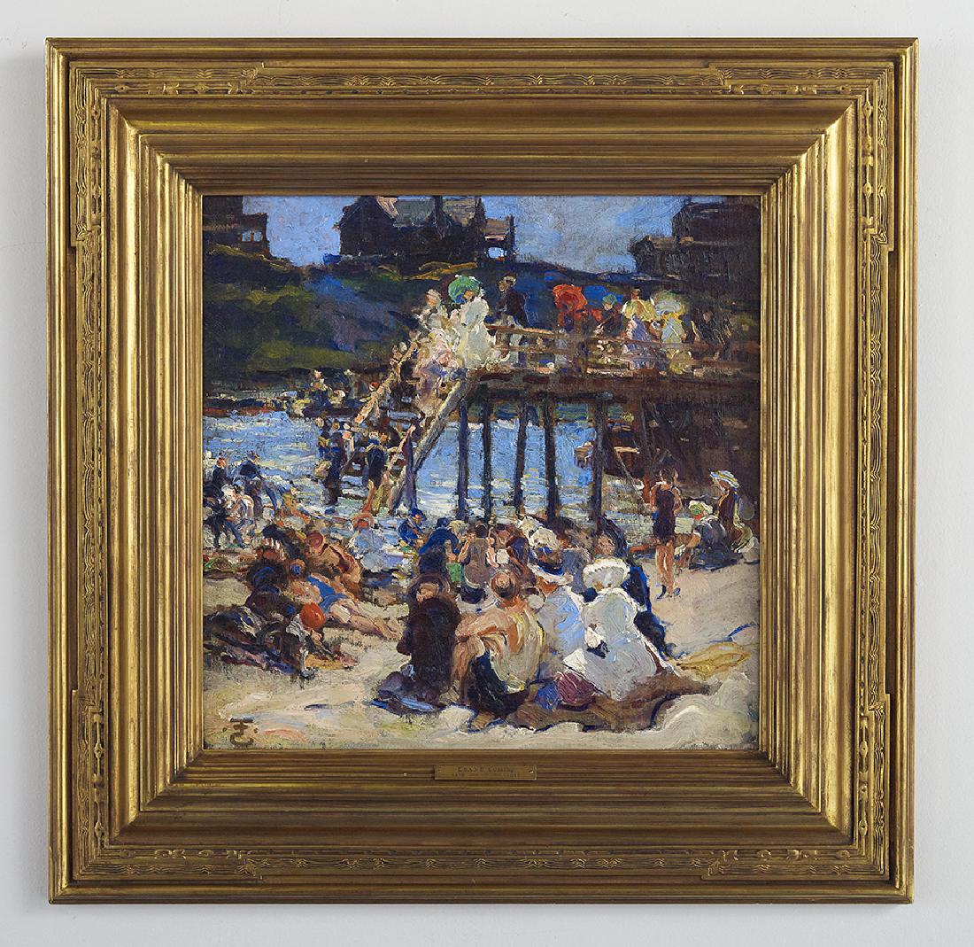 Eben Farrington Comins, (American, 1875-1949): Eben Farrington Comins (American, 1875-1949) "Good Harbor Beach, Gloucester, Massachusetts", 1917 oil on canvas laid on board signed with initials in a monogram "EFC" lower left, verso with "R. H. Lov