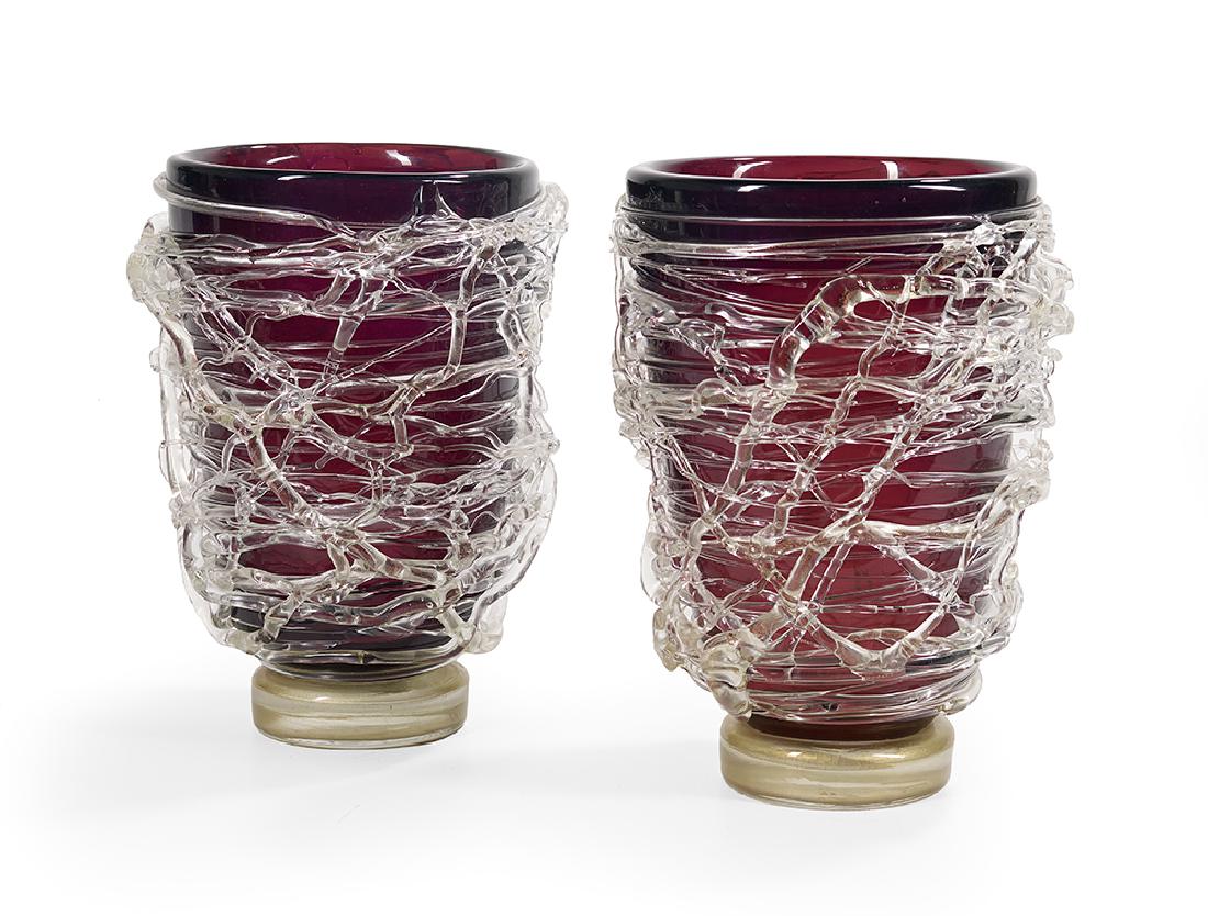 Pair of Signed Sergio Costantini Murano Vases: Pair of Signed Sergio Costantini Murano Vases fourth quarter 20th century, Venice, the mauve vases subtly decorated with gold flecked glass threading, each signed "Costantini Murano" on the bottom of