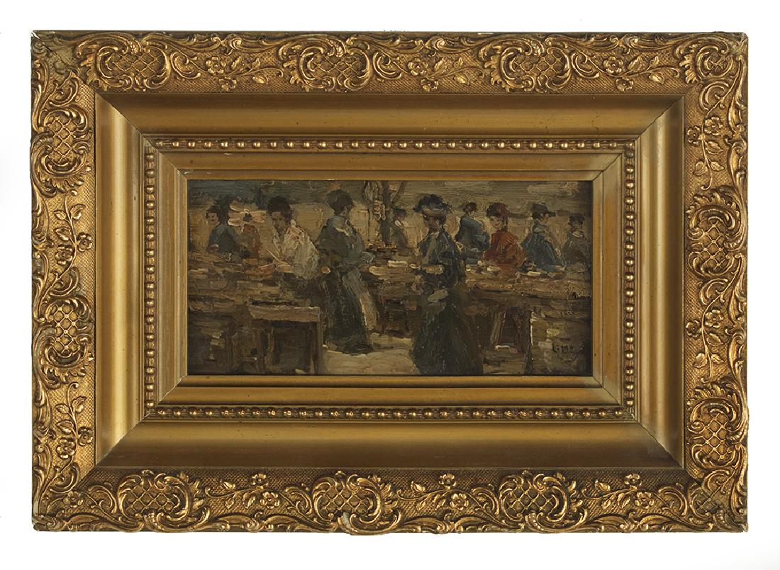 George Hendrik Breitner (Dutch, 1857-1923): George Hendrik Breitner (Dutch, 1857-1923) "Market Scene" oil on wood panel signed. Framed. 4-3/8" x 8-3/4", framed 10-1/4" x 14-3/4"
