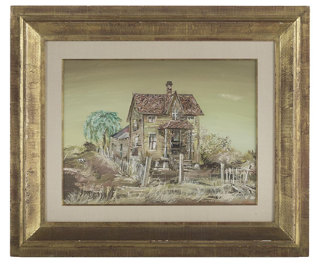 Aaron Bohrod (American, 1907-1992): Aaron Bohrod (American, 1907-1992) "House Near Crab Orchard" gouache on paper signed lower right, verso with "Collection of William C. Estler, Palo Alto, California" and "Associated American Artists,