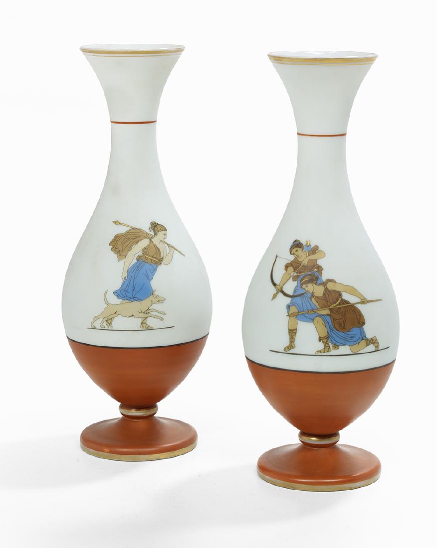 Pair of French Neo-Grec-Style Opaline Vases: Pair of French Opaline Vases in the Neo-Grec Taste third quarter 19th century, decorated with images of Diana the Huntress. h. 18", dia. 5-1/2"