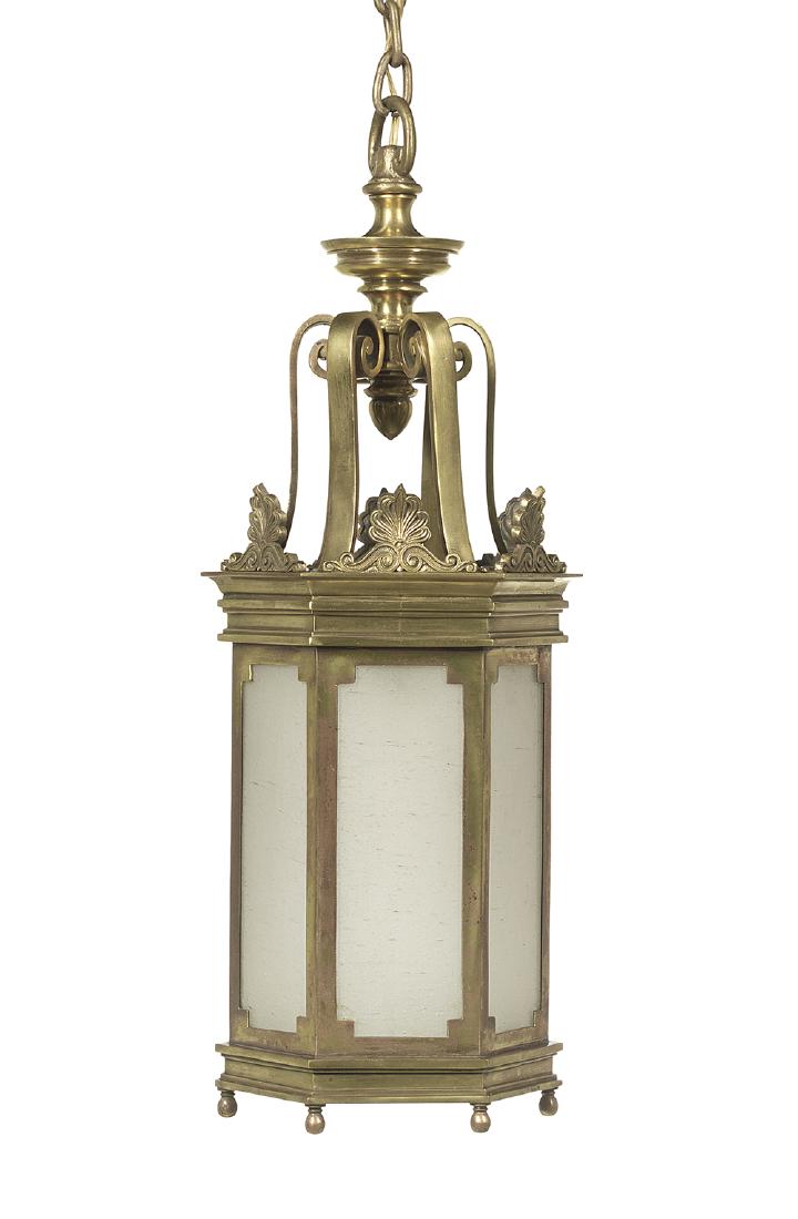 English Bronze and Glass Hall Lantern: English Bronze and Glass Hall Lantern second quarter 20th century, in the William IV style, of hexagonal form, the sides set with textured, frosted glass and molded swan's neck and anthemion crests, s