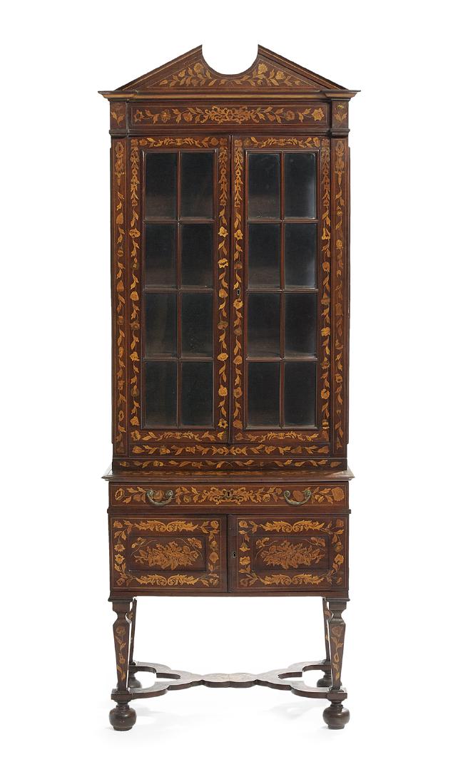 Dutch Mahogany and Marquetry Bookcase: Dutch Mahogany and Marquetry Bookcase late 19th century, in the Georgian taste, the molded cornice with projecting corners, above a conforming frieze and two astragal-glazed doors, the lower section f