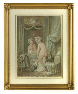 Style of P.-A. Baudouin (French, 1723-1769): Style of Pierre-Antoine Baudouin (French, 1723-1769) "Toilette", 19th century watercolor and gouache on paper pencil inscribed "in der Art der Galantine feure...Pierre Antoine Baudouin" en verso frame