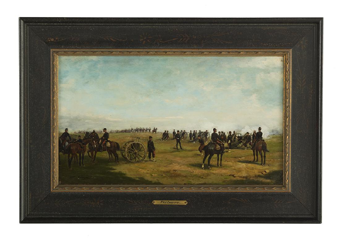 Paul Emile Leon Perboyre (French, 1851-1929): Paul Emile Leon Perboyre (French, 1851-1929) "Soldiers on the Battlefield" oil on panel signed lower left. Framed. 11-1/2" x 19-3/4", framed 17-1/4" x 25-5/8"