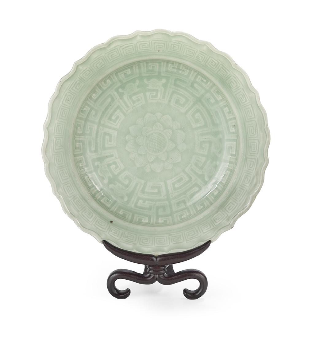 Chinese Celadon Ribbed Dish with Foliate Rim (1 of 2)