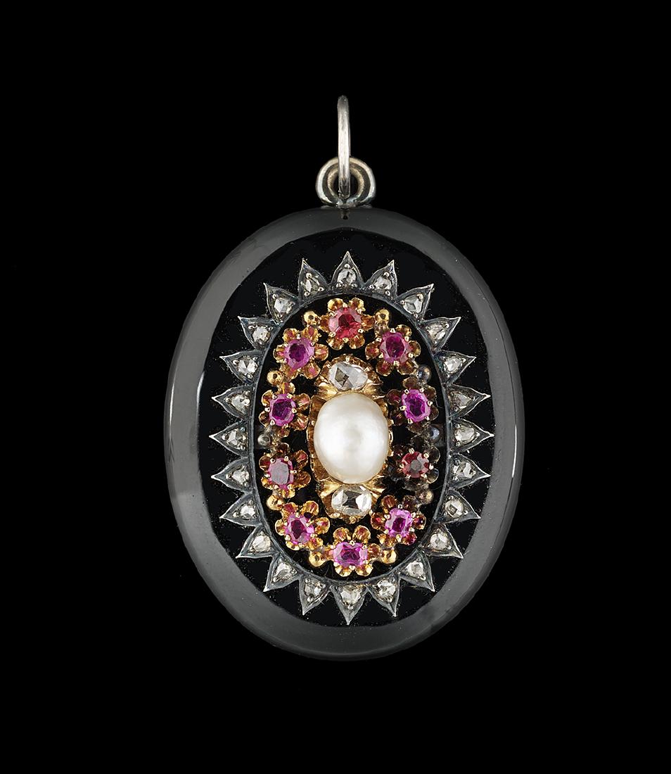 Victorian Onyx, Pearl and Pink Sapphire Locket: Victorian Onyx, Pearl and Pink Sapphire Locket fourth quarter 19th century, the oval open-back locket carved of a single piece of onyx and set with a central button pearl measuring 8 mm x 6.5 mm, flan