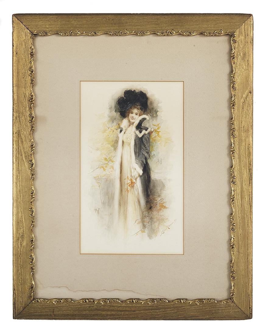 Leon Moran (American, 1864-1941): Leon Moran (American, 1864-1941) "A Lady of Fashion", 1899 watercolor on paper signed and dated lower right. Framed. 14-3/4" x 8-3/4", framed 26-1/4" x 20-3/8"