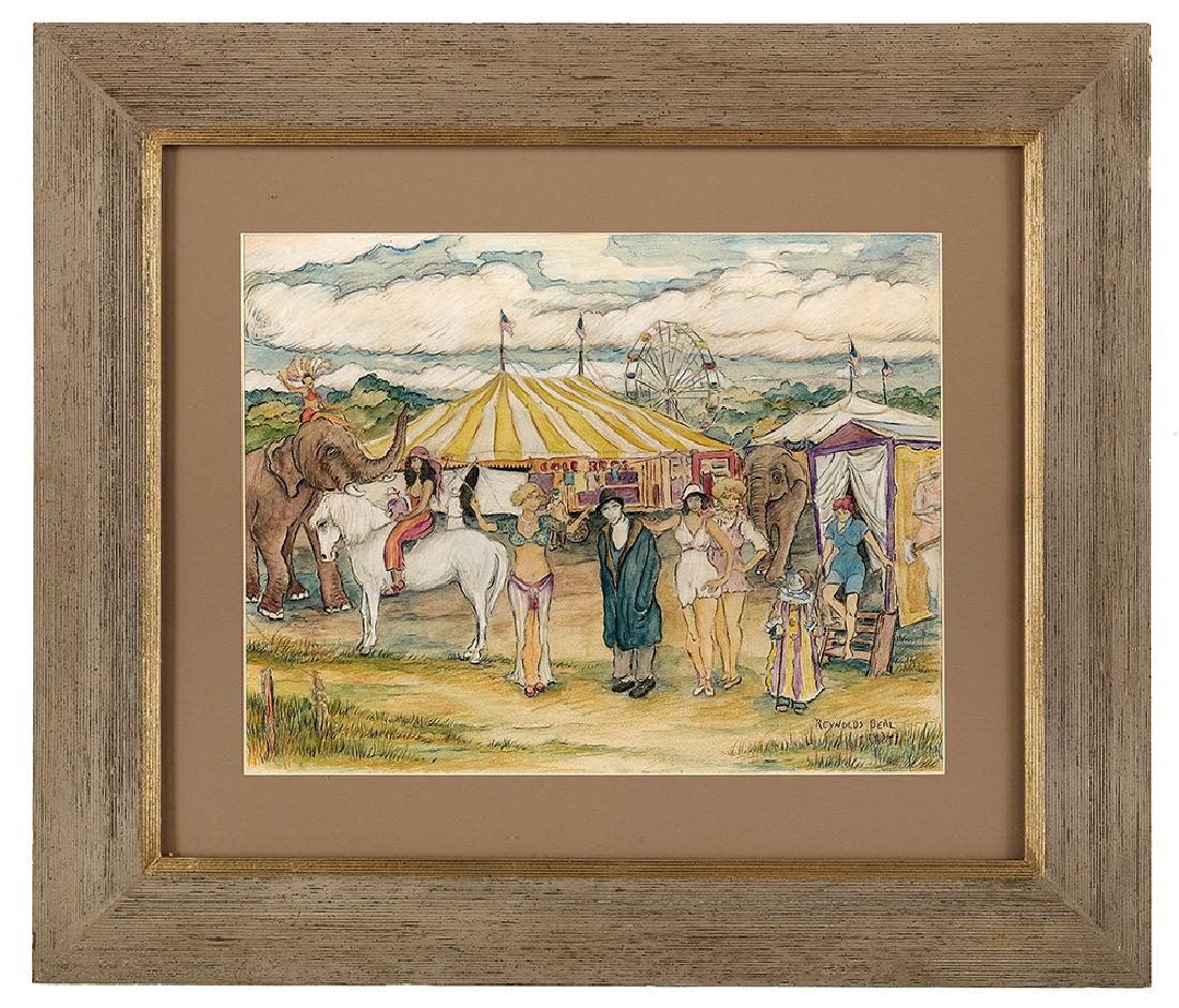 Reynolds Beal (American, 1866-1951): Reynolds Beal (American, 1866-1951) "Circus Scene", 1934 watercolor and colored pencil on paper signed and titled lower right. Matted, glazed and framed. sight 14-1/2" x 18-1/2", framed 26" x 30"