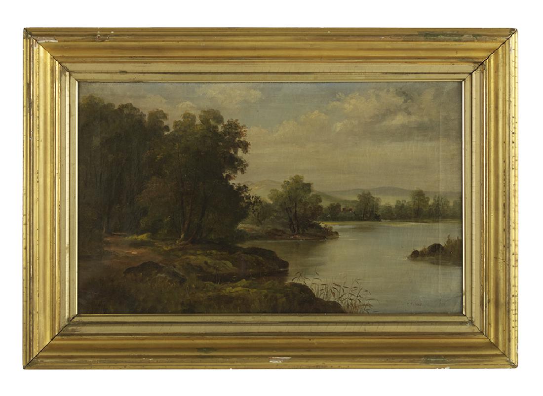 Charles Stuart Forbes (American, 1856-1926): Charles Stuart Forbes (American, 1856-1926) "Wooded Landscape with a Lake" oil on canvas signed lower right. Framed. 15-3/4" x 26", framed 22-3/8" x 32"