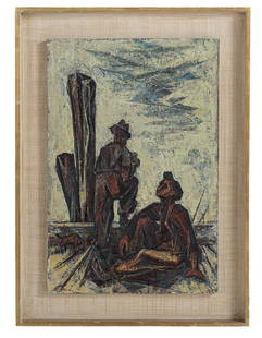 Si Lewen (Polish/American, 1918-2016): Si Lewen (Polish/American, 1918-2016) "Farmers at Rest" oil on masonite signed lower left. Framed. 30" x 22", framed 37" x 27"