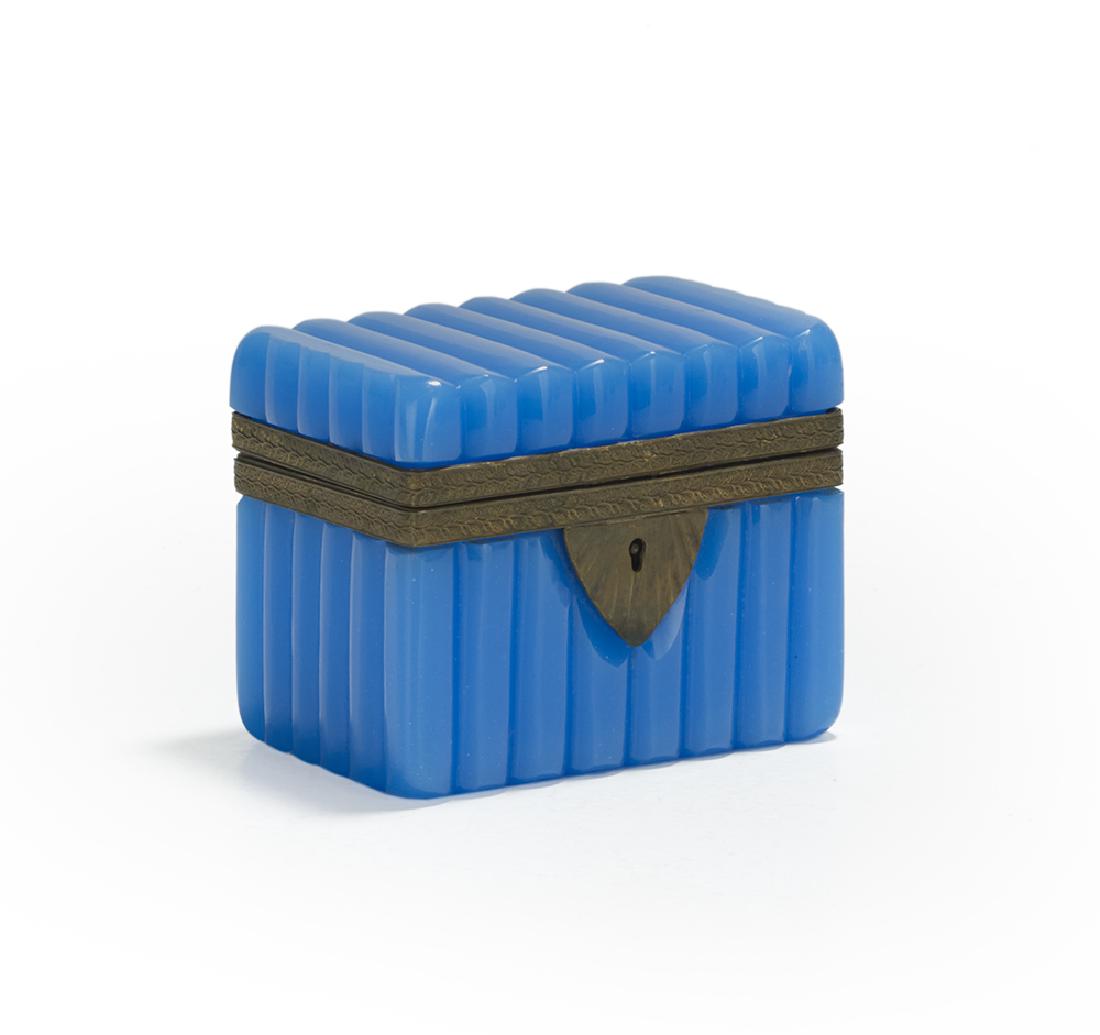 Molded Opaline Glass Jewel Casket: Molded Opaline Glass Jewel Casket fourth quarter 19th century, French, with molded brass bezel, possibly Baccarat. h. 4-1/4", w. 5-1/4", d. 3-1/2"