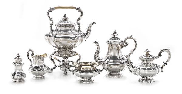 Assembled German Biedermeier Silver Coffee and Tea Set: Assembled German Biedermeier Silver Coffee and Tea Set mid-19th century, 13 lot (.813) silver, including a four-piece tea set by Sackermann, Hessenberg & Co., Frankfurt, with kettle-on-stand, h. 14-1/