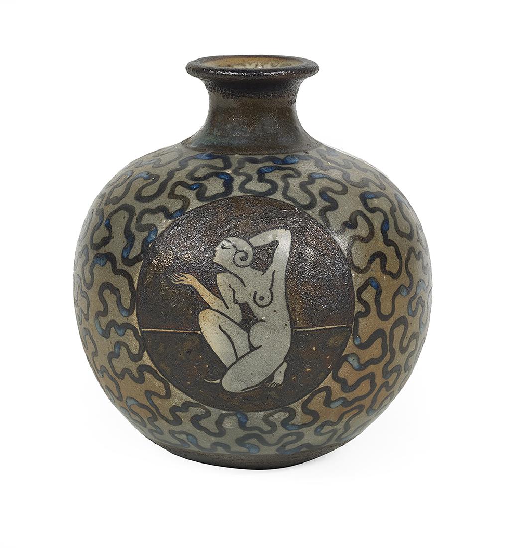 Atelier Primavera au Printemps Stoneware Art Deco Vase: Atelier Primavera au Printemps Stoneware Art Deco Vase second quarter 20th century, French, decorated with a roundel of a seated nude on one side and a nude picking a flower on the other, against a gr