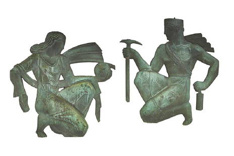 Pair of Bronze Art Deco Figures in the Manner of John: Pair of Bronze Art Deco Figures in the Manner of John Bradley Storrs (American, 1885-1956) molded front and back, meant to be viewed from both sides, possibly in a gate or screen. h. 21-1/2", w. 21",