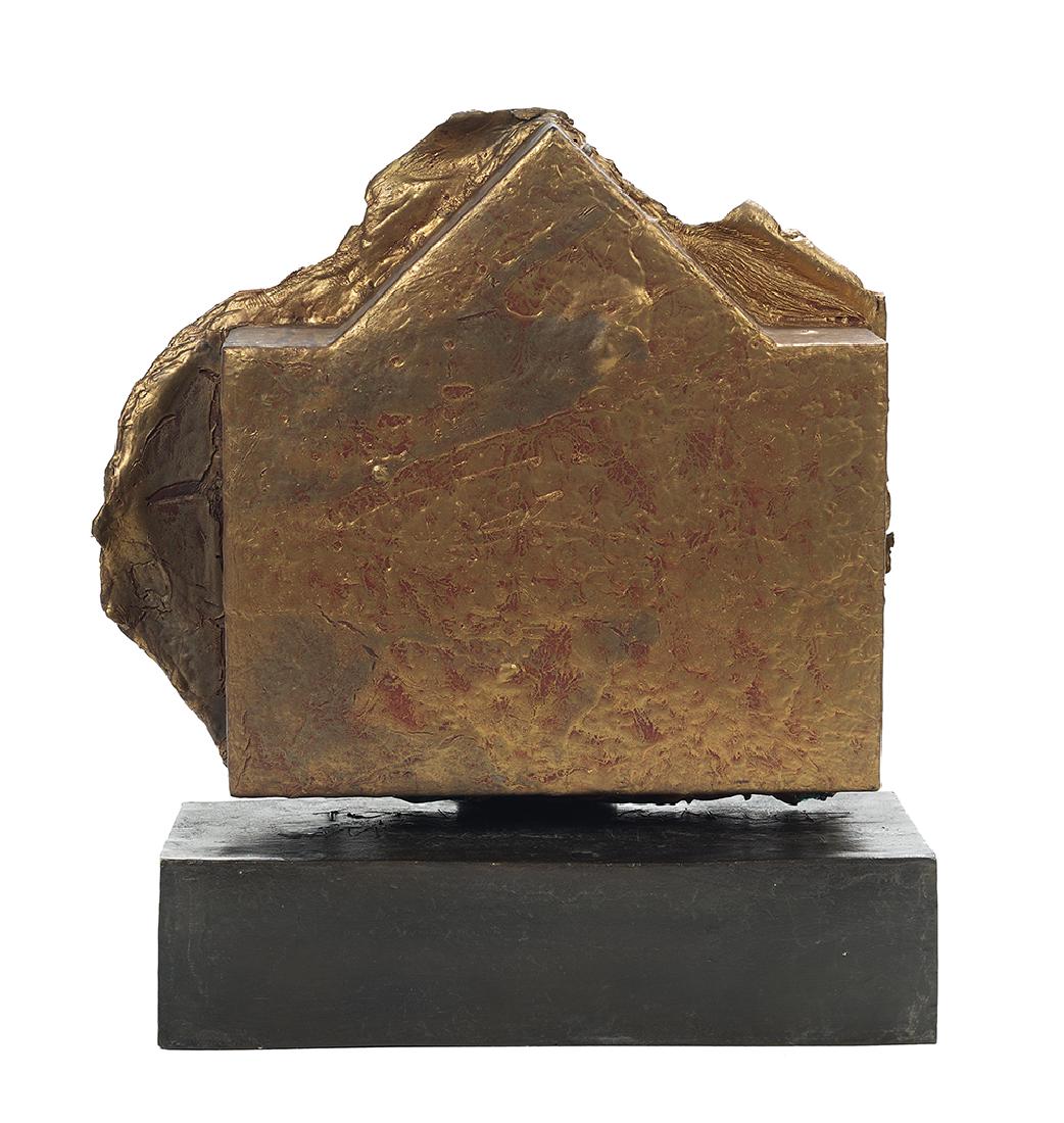 Michael Tracy, (American, b. 1943), "Iconito", 1996,: Michael Tracy (American, b. 1943) "Iconito", 1996 mixed media sculpture carved giltwood edifice on a black metal support base, inscribed "For Mary Lynch Kurtz With Love M. Tracy" on base. overall h. 1