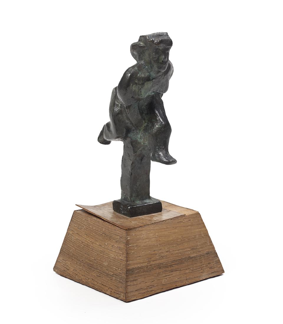 Chaim Gross, (Austrian/New York, 1904-1991), "Pole: Chaim Gross (Austrian/New York, 1904-1991) "Pole Vaulter" patinated bronze cast signature at back of self-base and numbered "39/50" at side, on a carved wooden base. overall h. 7-1/2", w. 3-1/2", d. 3