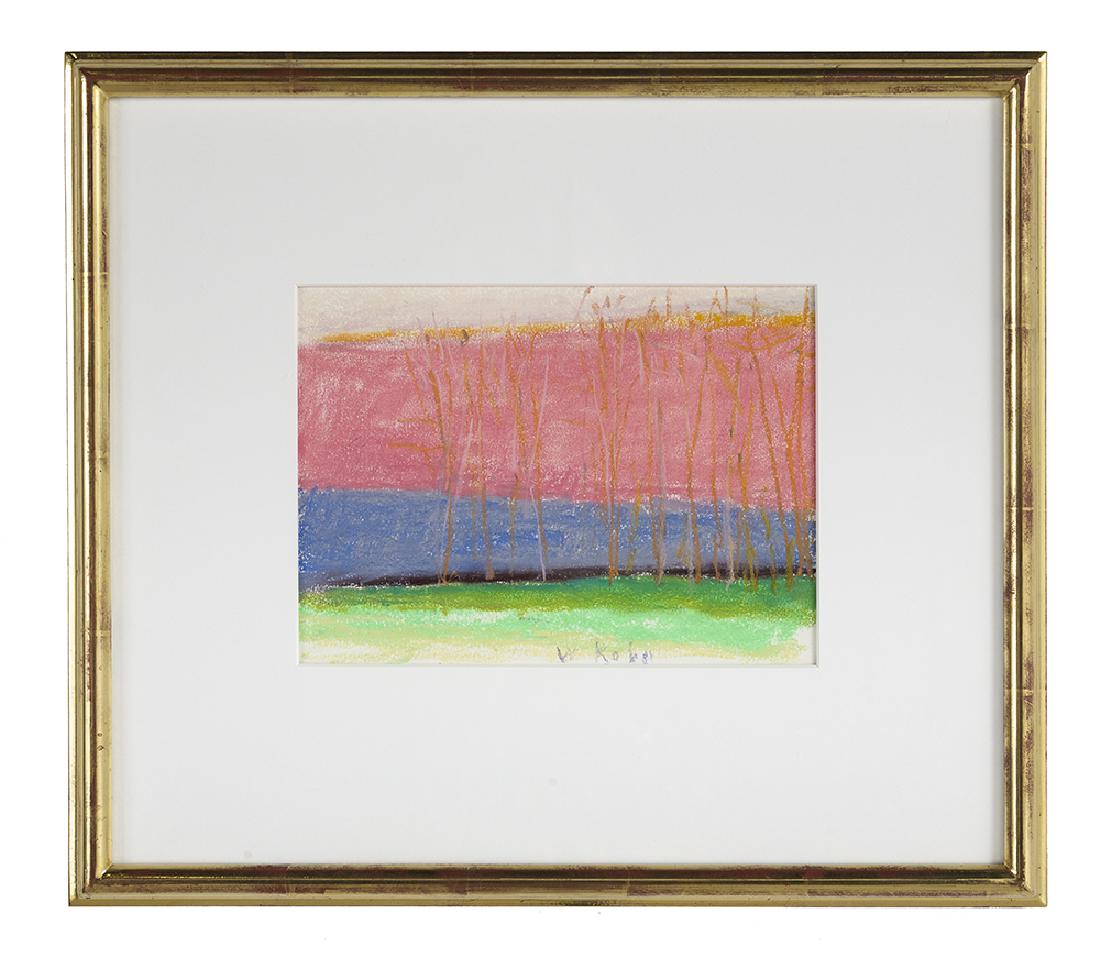 Wolf Kahn, (American, b. 1927), "Strong Pink", pastel: Wolf Kahn (American, b. 1927) "Strong Pink" pastel on paper signed lower center, verso with "Stremmel Gallery, Reno, Nevada" label. Matted, glazed and framed. 8" x 10", framed 15-1/4" x 17-1/2"