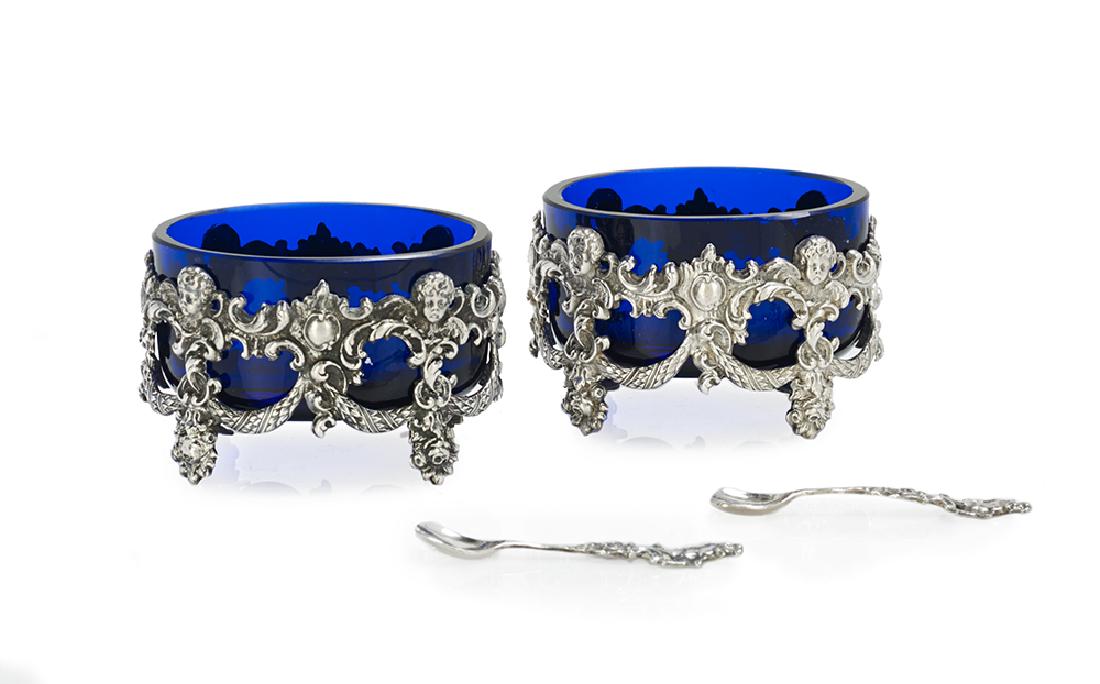 Pair of German Silver and Glass Salt Cellars and Spoons (1 of 3)