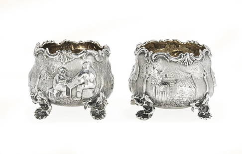 Pair of Victorian Sterling Silver Chinoiserie Salt: Pair of Victorian Sterling Silver Chinoiserie Salt Cellars hallmarked London, 1867-1868, by Hunt & Roskell (fl. 1843-1897), footed bowl form, the body with slightly waisted collar and shaped and appli