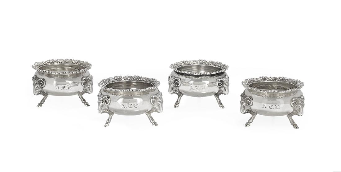 Suite of Four Gorham Coin Silver Salt Cellars: Suite of Four Gorham Coin Silver Salt Cellars Model #GM11, introduced ca. 1857, cauldron form, with acanthus-and-anthemion rim and raised on three ram's masque-crested cloven feet, monogrammed "ALL". 