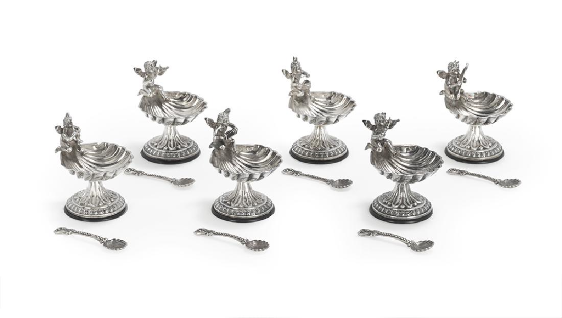 Set of Six Sterling Silver Salt Cellars and Spoons (1 of 2)