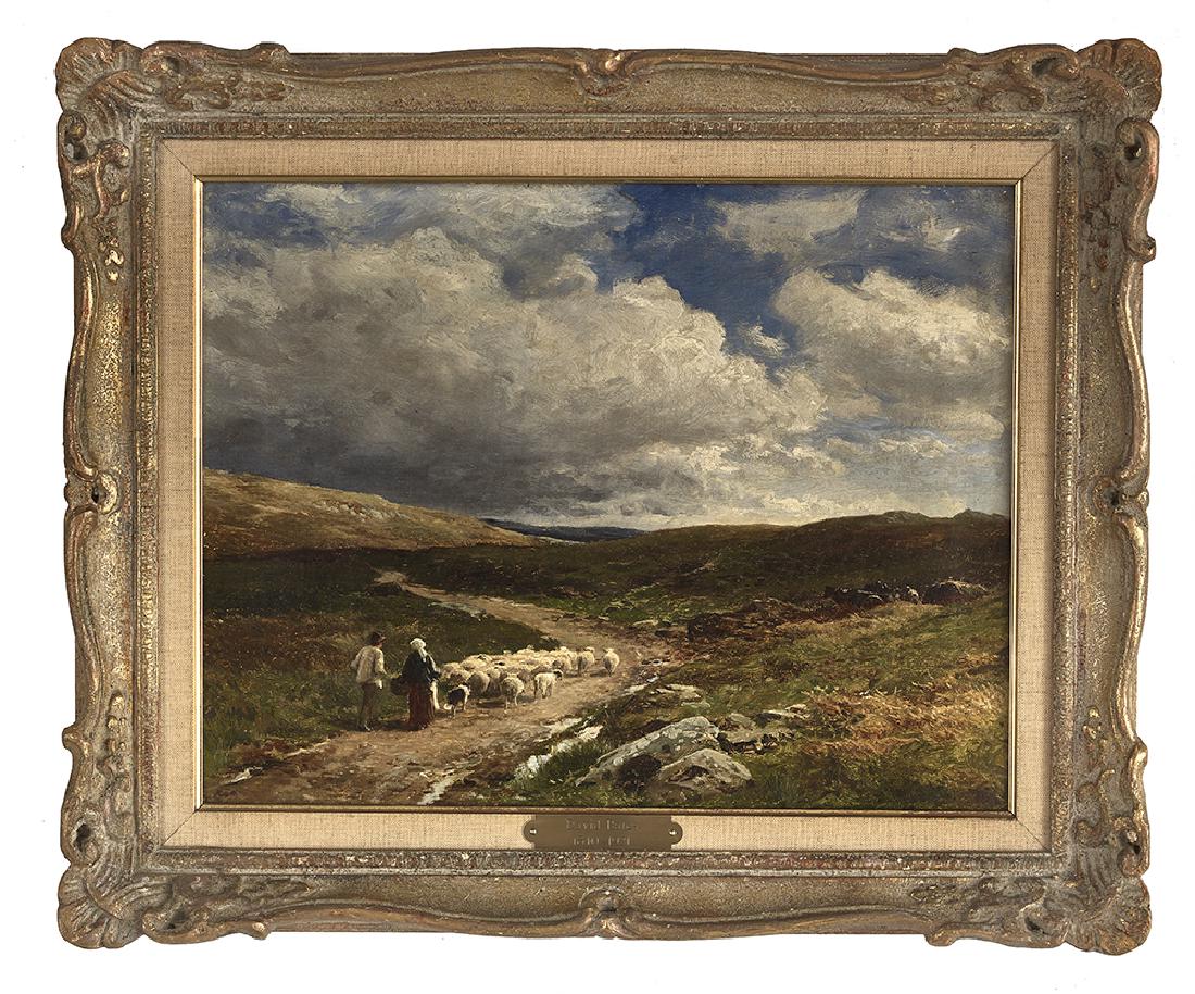 David Bates (British, 1840-1921): David Bates (British, 1840-1921) "On the Way to Festining, North Wales", 1898 oil on canvas signed and dated lower right, signed, dated and titled en verso canvas. Framed. 14" x 18-1/8", framed 19-1/2
