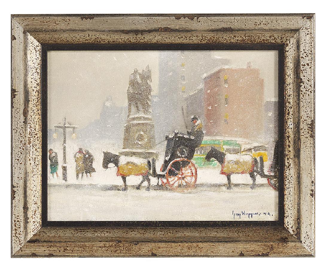 Guy Carleton Wiggins, N.A. (American, 1883-1962): Guy Carleton Wiggins, N.A. (American, 1883-1962) "Winter at the Plaza (Grand Army)" oil on canvas board signed lower right, signed and titled en verso. Framed. 12" x 16", framed 16-1/2" x 20-1/2" 12"