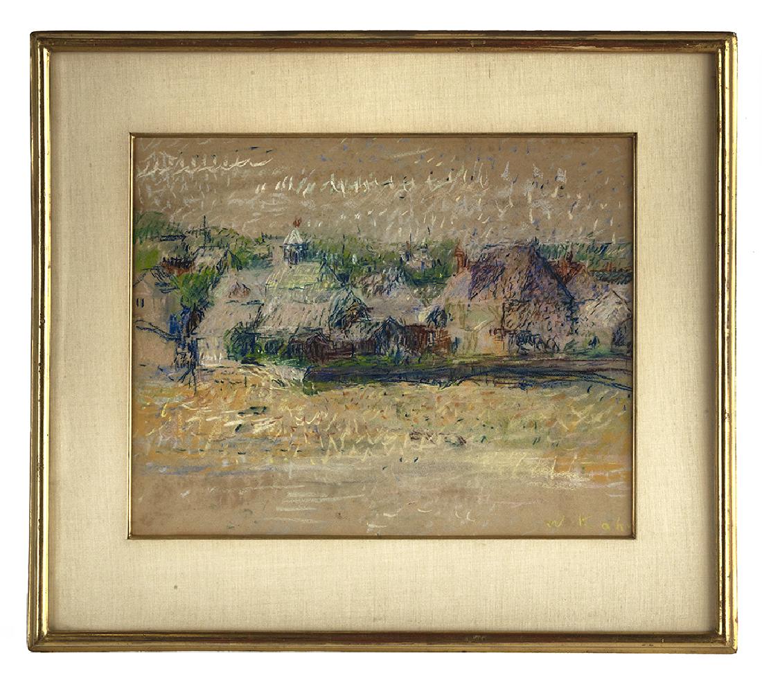 Wolf Kahn (American, b. 1927): Wolf Kahn (American, b. 1927) "Village Scene" pastel on paper signed lower right. Matted, glazed and framed. sight 12-3/4" x 16", framed 20-1/2" x 23-3/4"