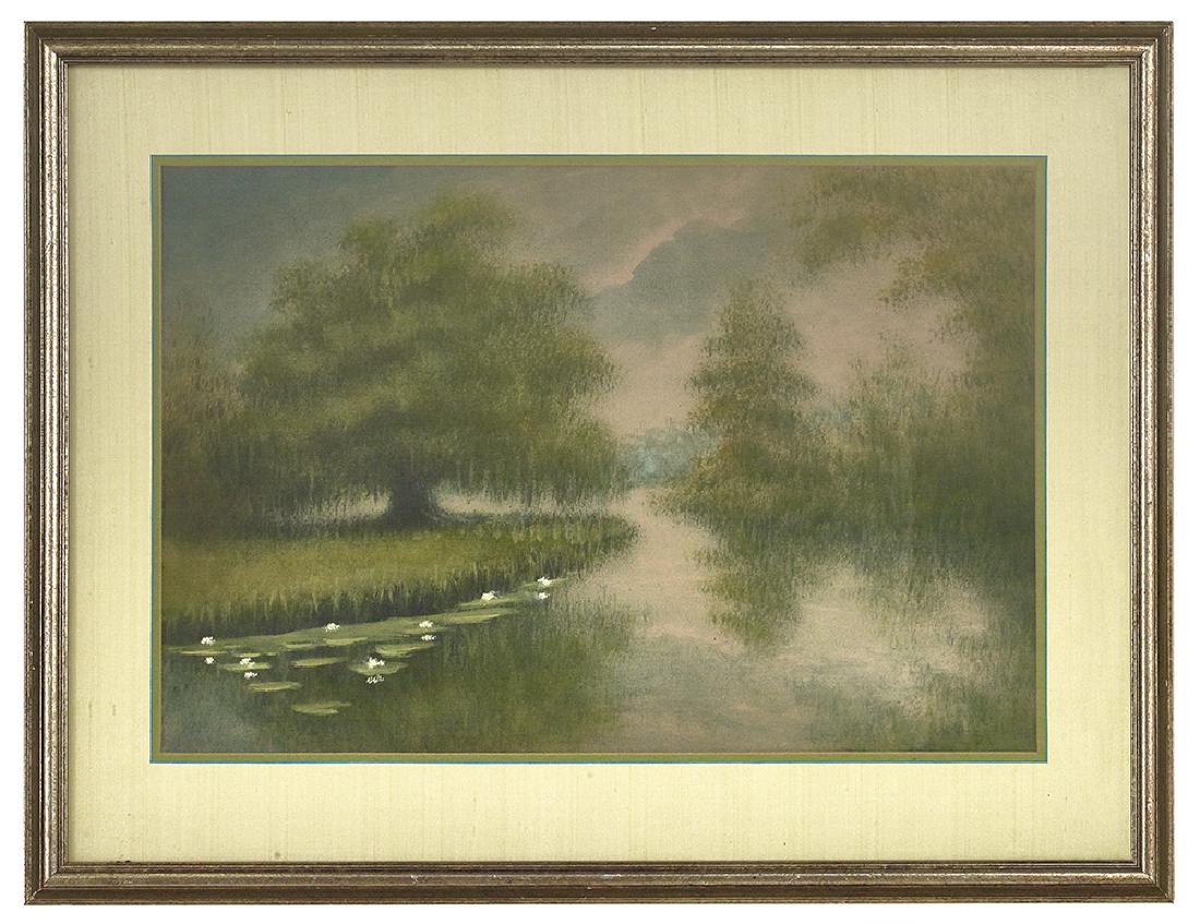 Alexander Drysdale (USA/Louisiana, 1870-1934): Alexander John Drysdale (American/Louisiana, 1870-1934) "Dawn over the Lily Pond" oil wash on paper signed lower right. Matted, glazed and framed. 19-1/2" x 20-1/2", framed 29-1/2" x 39-1/2"