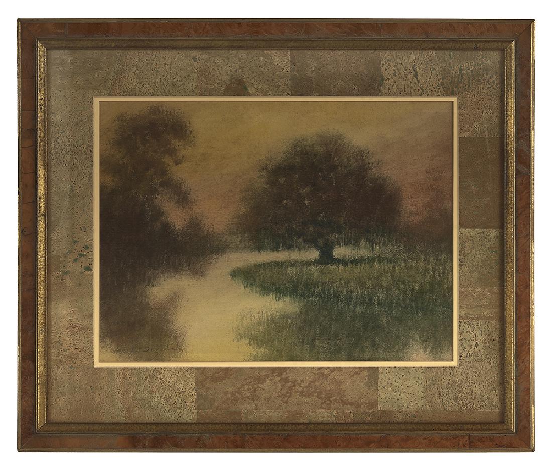 Alexander Drysdale (USA/Louisiana, 1870-1934): Alexander John Drysdale (American/Louisiana, 1870-1934) "Sunset on the Bayou" oil wash on canvas board signed lower left. Matted, glazed and framed. sheet 14-3/4" x 19-3/4", framed 23-3/4" x 28"
