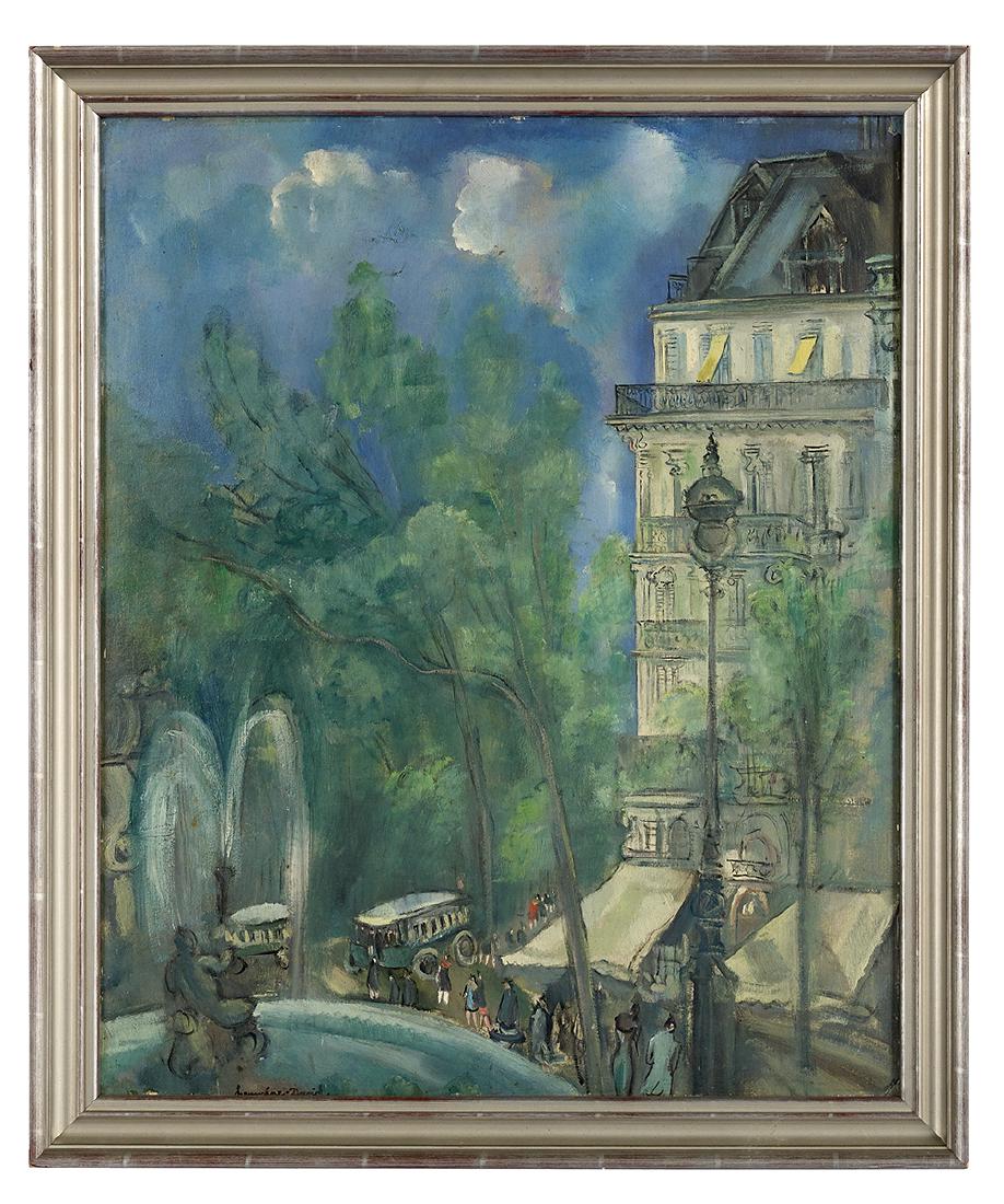 Hermine David (French, 1886-1971): Hermine David (French, 1886-1971) "Rue de Ville" oil on board signed lower left, Sotheby's, New York, October 7, 2008, lot 40, "Robinet Freres Specialite d'Emballage et Transport, Paris" and "David Be
