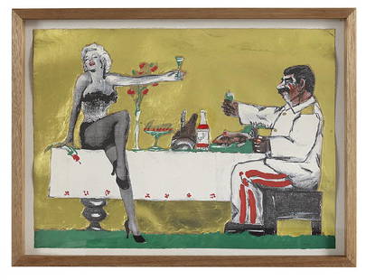 Leonid Sokov (Russian/New York, b. 1941): Leonid Sokov (Russian/New York, b. 1941) "Marilyn Monroe and Joseph Stalin" hand-colored silkscreen signed lower right, numbered "10/98" lower left. Presented in a contemporary frame. 22" x 31", frame