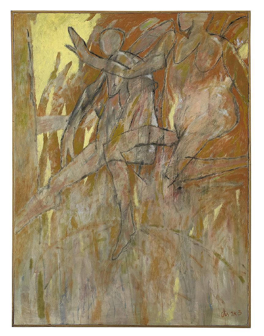Otis Dare Huband, Jr. (American/Texas, b. 1933): Otis Dare Huband, Jr. (American/Texas, b. 1933) "Fall Foliage" oil on canvas signed lower right, signed and titled en verso. Presented in a thin gallery frame. 60" x 45", framed 61" x 46"