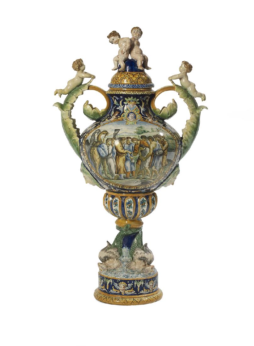 Italian Hand-Painted Majolica Covered Urn (1 of 3)