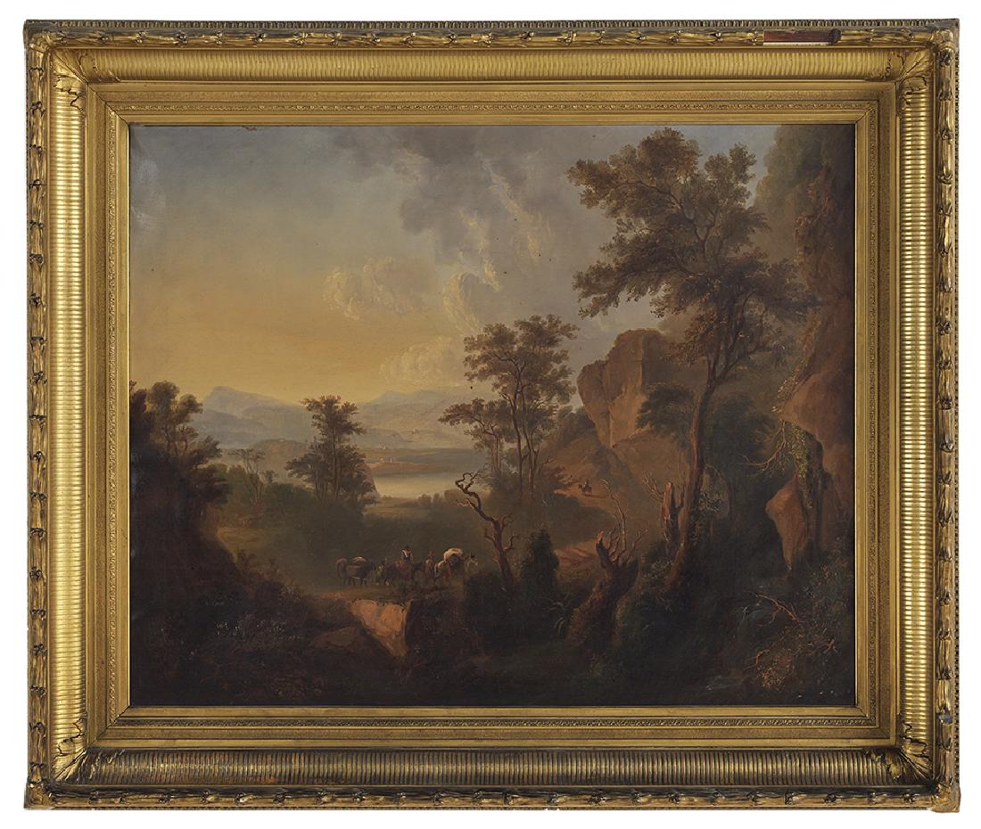 Continental School (19th Century): Continental School (19th Century) "Travelers on a Mountainous Path" oil on canvas unsigned. Presented in a period giltwood and gesso frame. 29" x 36-1/4", framed 39" x 45-1/2"