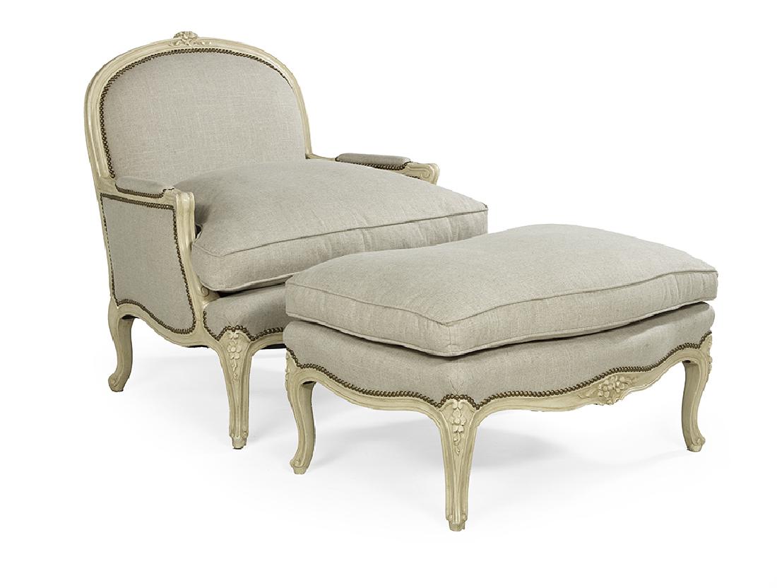 Louis XV-Style Polychrome Bergere and Ottoman (1 of 1)