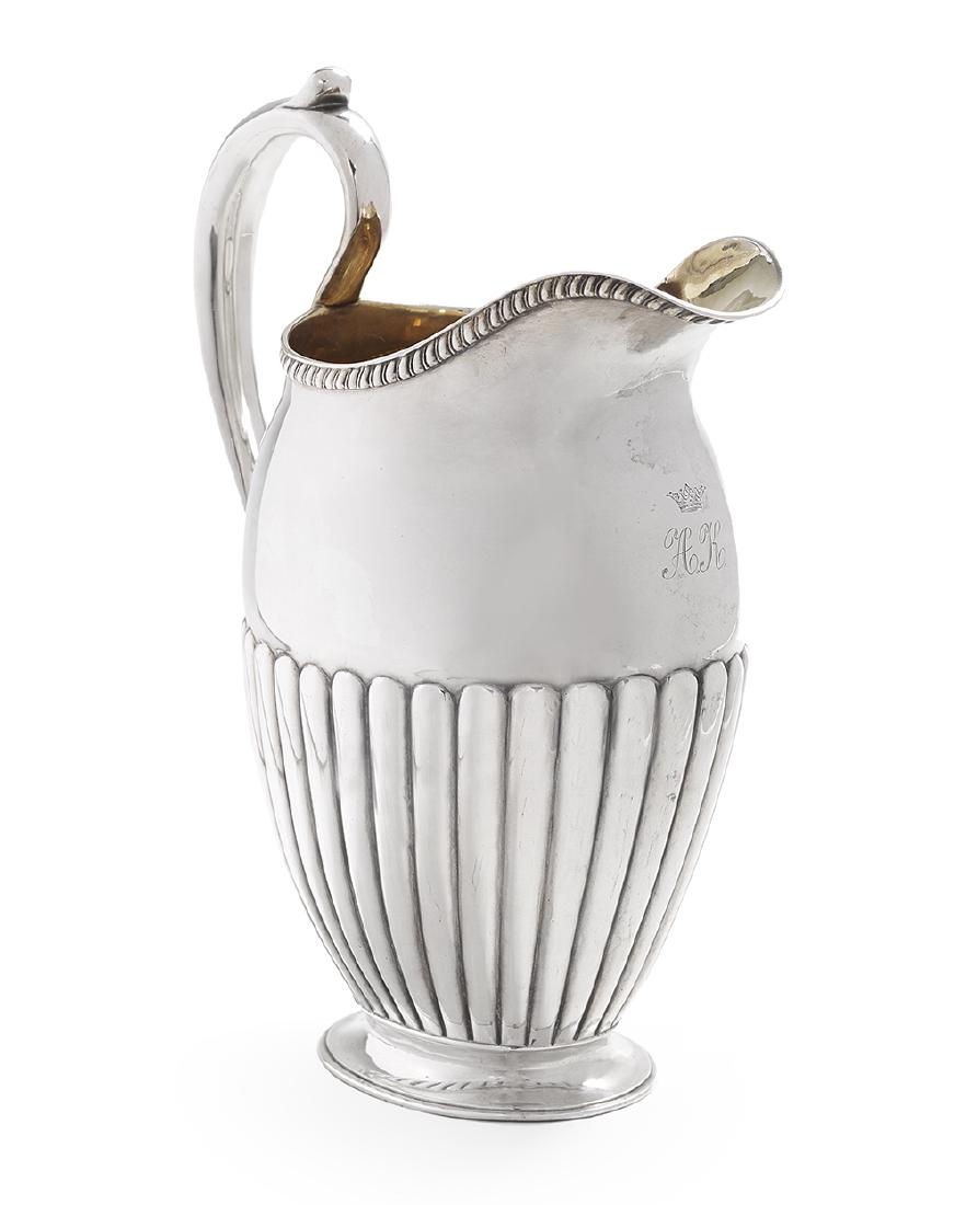 Russian Nicholas I Silver Water Pitcher: Russian Nicholas I Silver Water Pitcher 1845, St. Petersburg, assayer Mikhail Mikhailovich Karpinski, maker's mark "Henze", 84 zolotnik (.875) silver, of ovoid form, the lower half gadrooned, the shap