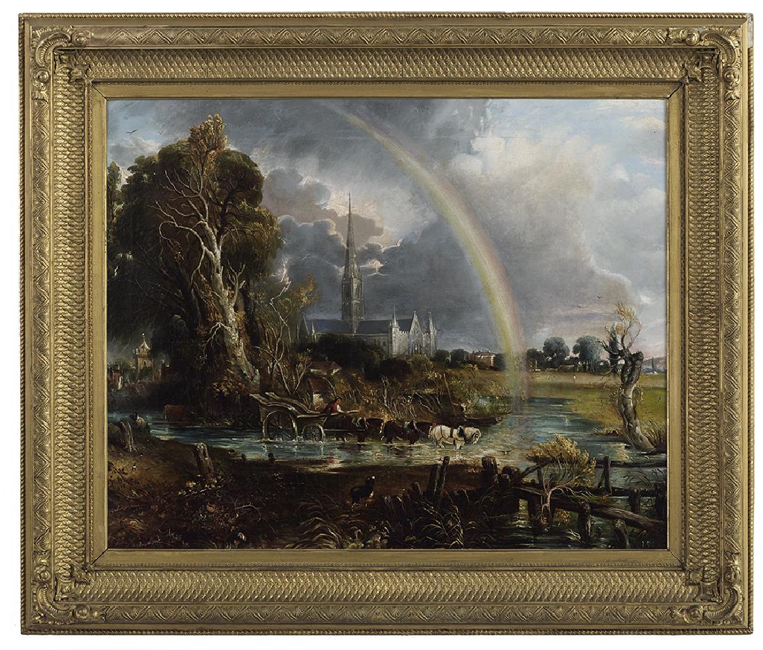 After John Constable (British, 1776-1837): After John Constable (British, 1776-1837) "Salisbury Cathedral from the Meadows", fourth quarter 19th century oil on canvas unsigned, after the 1830 painting owned by Tate Britain and now on exhibitio