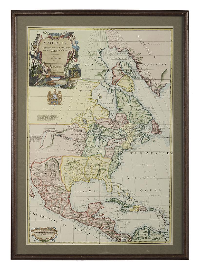 North America Map, after John Senez: "North America Corrected from the Observations Communicated to the Royal Society..." after John Senex (1678-1740), hand-colored engraved map, probably late 19th/early 20th century. Matted, glazed and