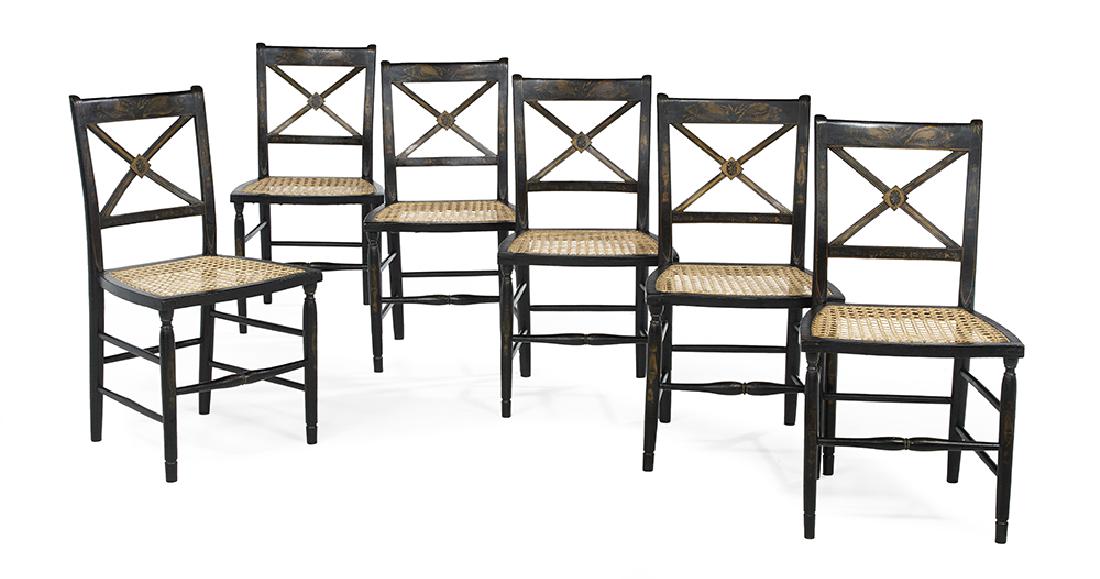 Six American Late Federal Stenciled Fancy Chairs: Suite of Six American Late Federal Stenciled Fancy Chairs second quarter 19th century, each with an ebonized ground and gold stenciling, the seats hand caned. h. 33-1/2"