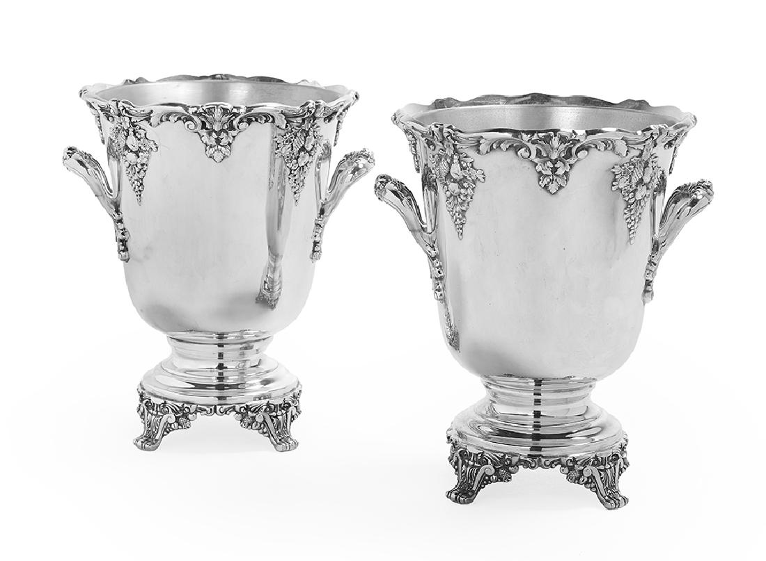 Pair of "King Francis" Silverplate Wine Coolers: Pair of Reed & Barton "King Francis" Silverplate Wine Coolers the pattern introduced in 1975, Taunton, Massachusetts, with fitted aluminum liners, no monograms. h. 11-1/4", dia. 8-3/4", w. 9-3/4" Note