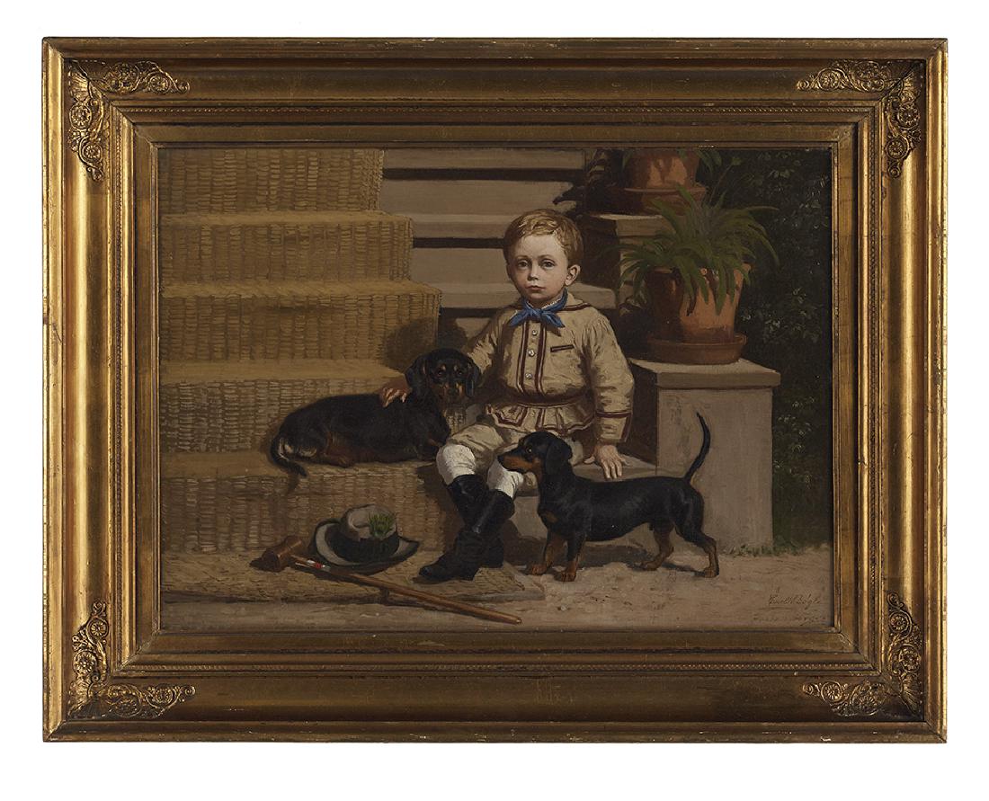 Carl Henrik Bogh (Danish, 1827-1893): Carl Henrik Bogh (Danish, 1827-1893) "Young Master with His Two Dachshunds", 1874 oil on linen signed, dated and localized "Frederiksberg?" lower right, partially gallery label on stretcher. Framed. 1