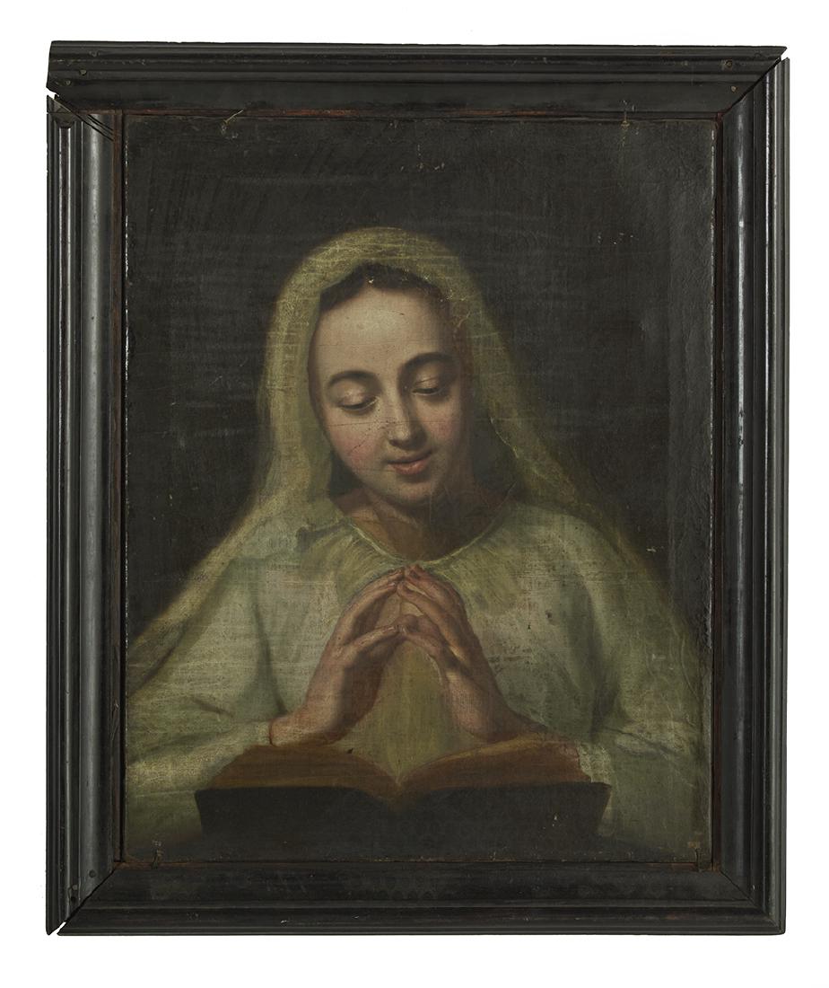 Attr. to Andreas Moller (Danish, 1684-ca.1762): Attributed to Andreas Moller Danish/German, 1684-ca.1762) "Una Contadinella Bolognesa [sic]", 1733 oil on linen signed, titled and dated en verso. Framed. 22-3/8" x 17-5/8", framed 26-1/2" x 22-1/4"