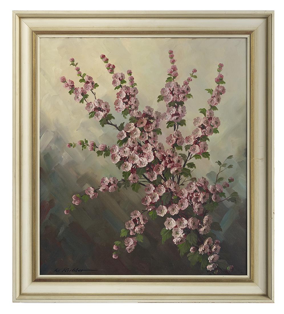 Continental School (20th Century): Continental School (20th Century) "Flowering Forsythia" oil on canvas signed lower left. Framed. 31-5/8" x 27-1/2"