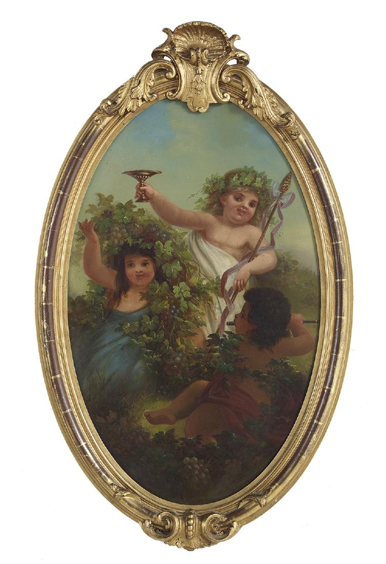 Carl Cesar Adelbert Cramer (Danish, 1822-1889): Carl Cesar Adelbert Cramer (Danish, 1822-1889) "Piquant Bacchantes" oil on tin unsigned. Framed. 34-1/2" x 21-1/2", framed 42-1/2" x 25-3/4"