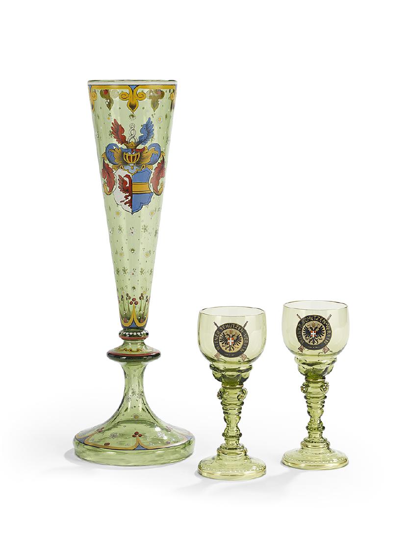 Three Pieces of German Glassware: Three-Piece Collection of German Blown and Enameled Glassware 20th century, with armorial decoration, including an ale glass, h. 14-1/4", and a pair of rummers, h. 6".